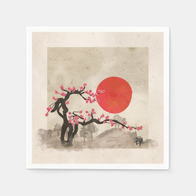 Sakura Blossom Landscape Zen hieroglyph Napkins (Front)