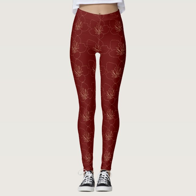 Sakura Blossom Maroon Gold Japanese Line Art  Leggings (Front)