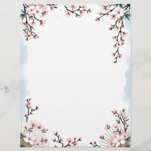 Sakura Blossoms and Fans Stationery Paper