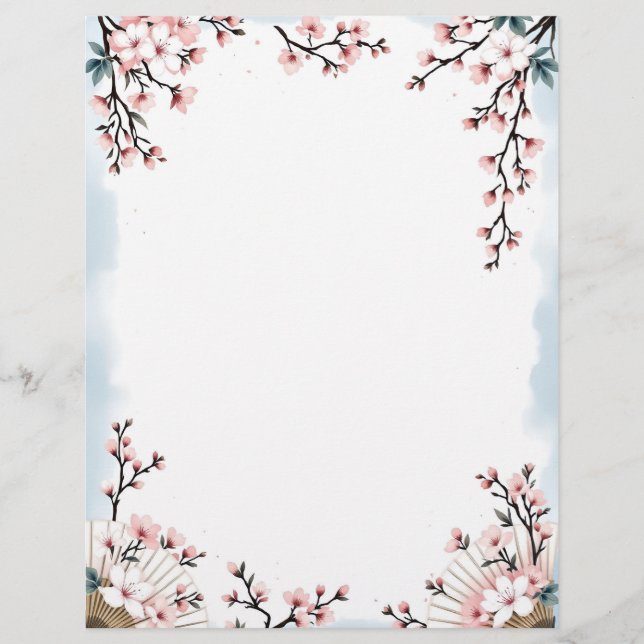 Sakura Blossoms and Fans Stationery Paper (Front)