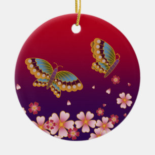 Sakura Blossoms Red & Purple Personalized Gift Ceramic Ornament