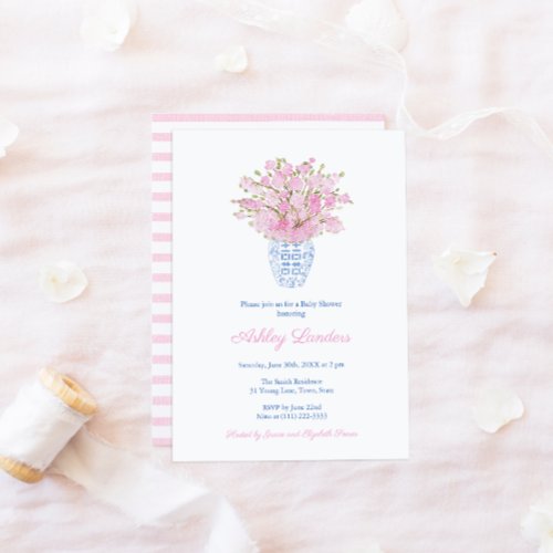 Sakura Blue White Chinese Vase Girl Baby Shower Invitation