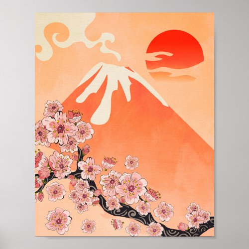 Sakura branch and volcano poster