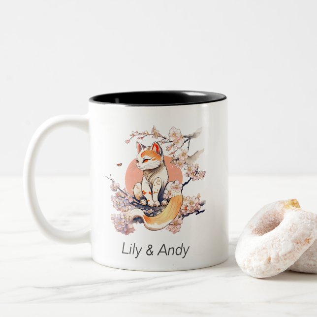 Sakura cat | Japanesee Anime Style Two-Tone Coffee Mug (With Donut)