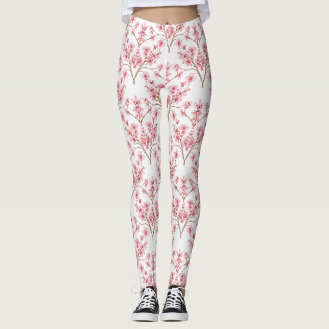 Sakura Cherry Blossom Damask Watercolor Leggings (Front)