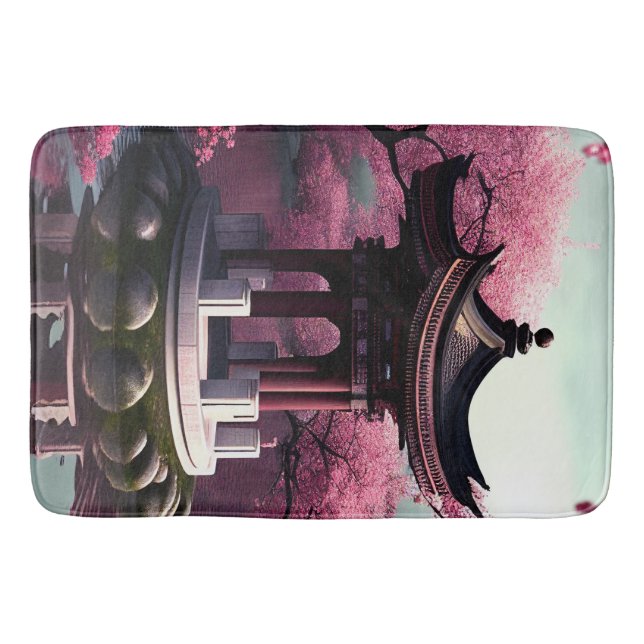 Sakura Cherry Blossom Garden Shrine Pond Japanese Bath Mat (Front)