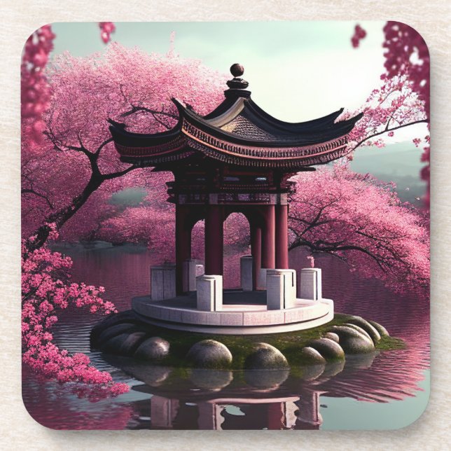 Sakura Cherry Blossom Garden Shrine Pond Japanese Beverage Coaster (Front)
