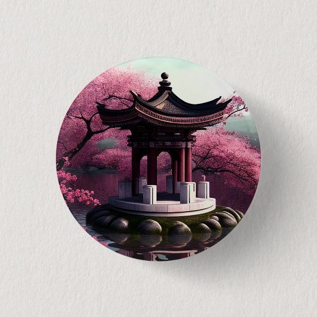 Sakura Cherry Blossom Garden Shrine Pond Japanese Button (Front)