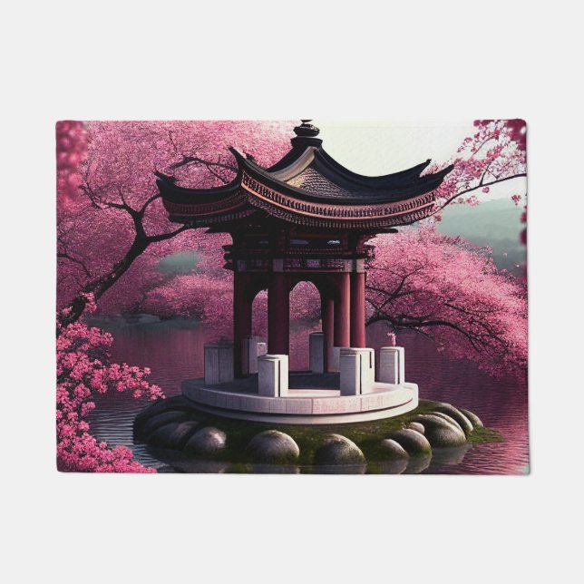 Sakura Cherry Blossom Garden Shrine Pond Japanese Doormat (Front)
