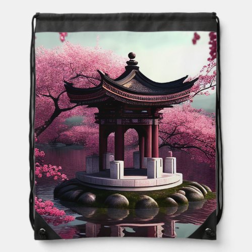 Sakura Cherry Blossom Garden Shrine Pond Japanese Drawstring Bag