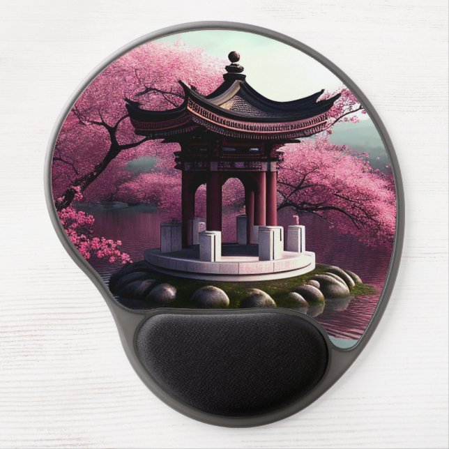 Sakura Cherry Blossom Garden Shrine Pond Japanese Gel Mouse Pad (Front)