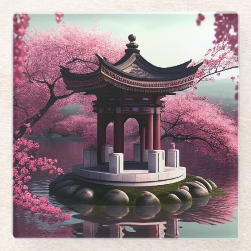 Sakura Cherry Blossom Garden Shrine Pond Japanese Glass Coaster