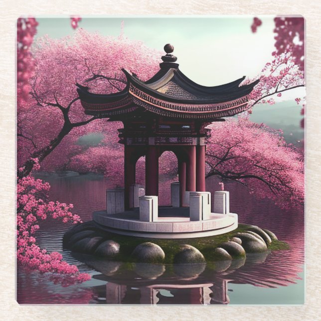Sakura Cherry Blossom Garden Shrine Pond Japanese Glass Coaster (Front)