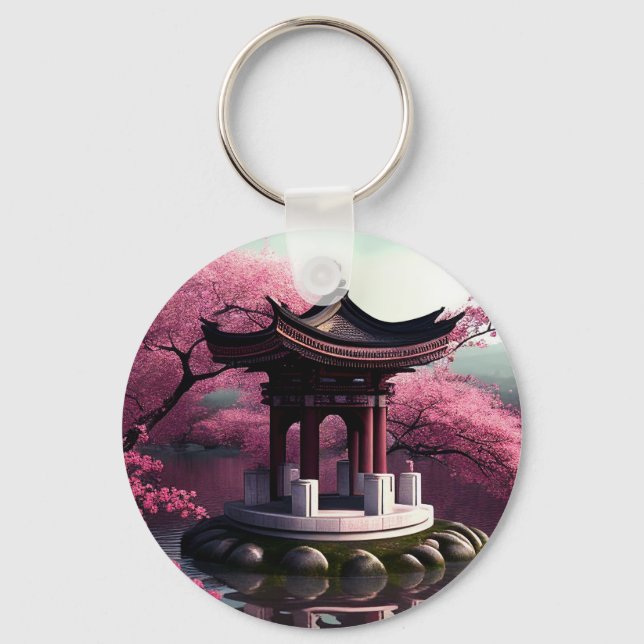 Sakura Cherry Blossom Garden Shrine Pond Japanese Keychain (Front)
