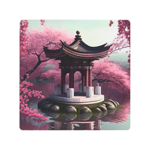 Sakura Cherry Blossom Garden Shrine Pond Japanese Metal Print