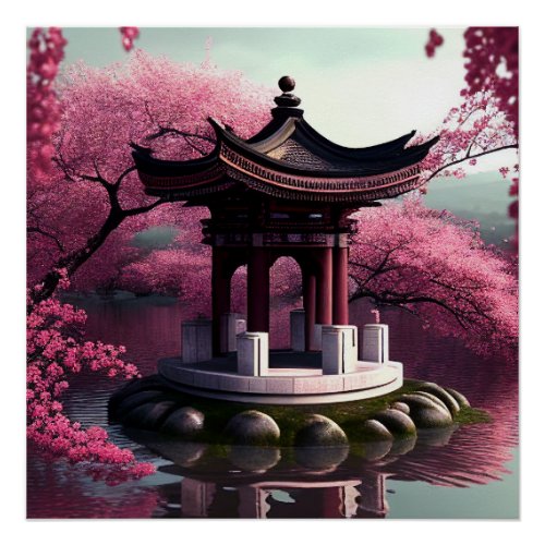 Sakura Cherry Blossom Garden Shrine Pond Japanese Poster