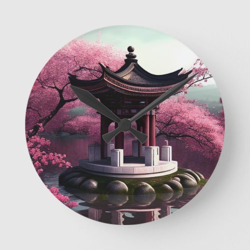 Sakura Cherry Blossom Garden Shrine Pond Japanese Round Clock