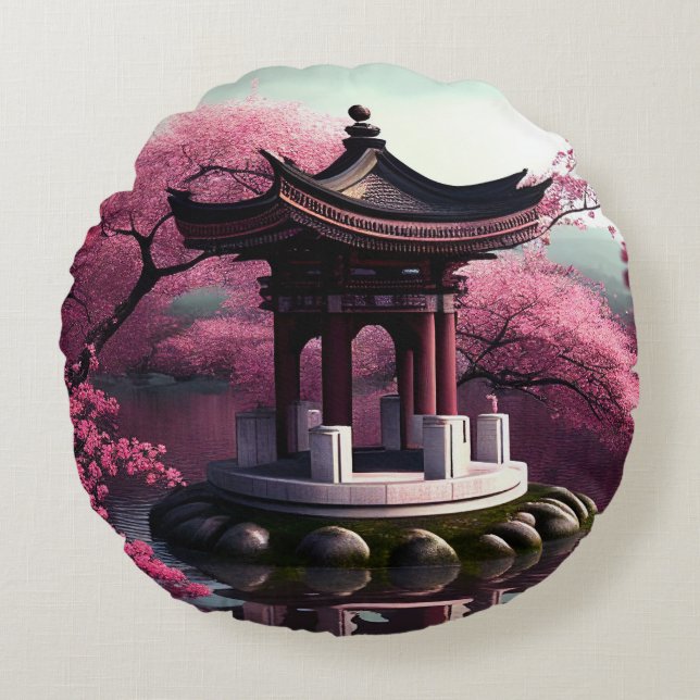 Sakura Cherry Blossom Garden Shrine Pond Japanese Round Pillow (Front)