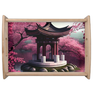 Sakura Cherry Blossom Garden Shrine Pond Japanese Serving Tray