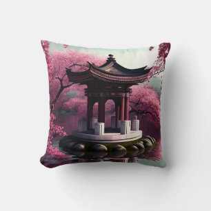 Sakura Cherry Blossom Garden Shrine Pond Japanese Throw Pillow