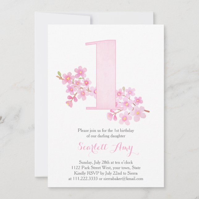Sakura Cherry Blossom Girl 1st Birthday Party Invitation (Front)
