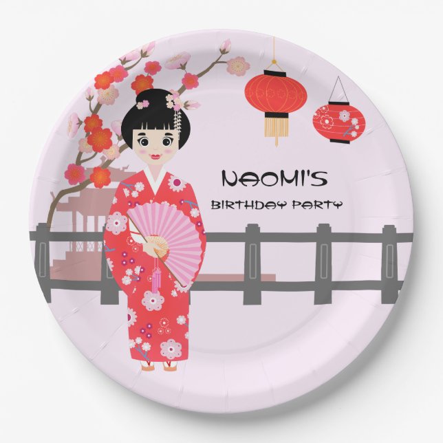Sakura Cherry Blossom Japanese Girl Birthday Party Paper Plates (Front)