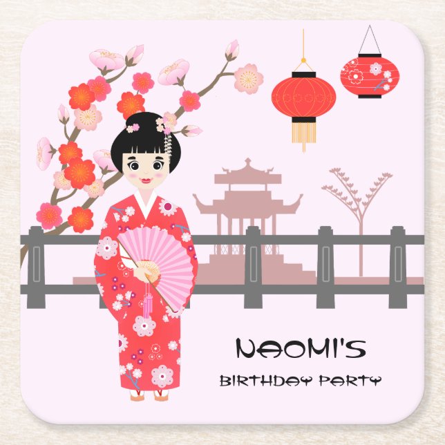 Sakura Cherry Blossom Japanese Girl Birthday Party Square Paper Coaster (Front)