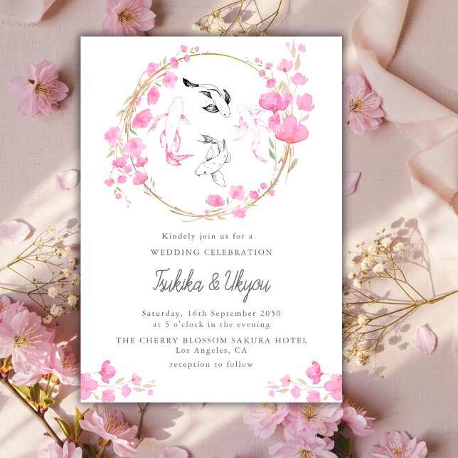 Sakura Cherry Blossom Koi Fish Japanese Wedding Invitation (Creator Uploaded)
