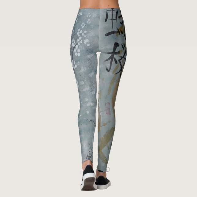 sakura cherry blossom moon sun japan gray painting leggings (Back)