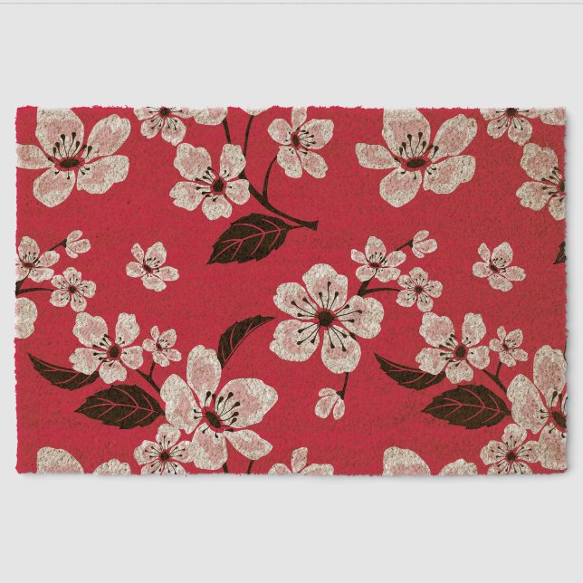 SAKURA - CHERRY BLOSSOM PATTERN IN RED FIBER DOORMAT (Front)