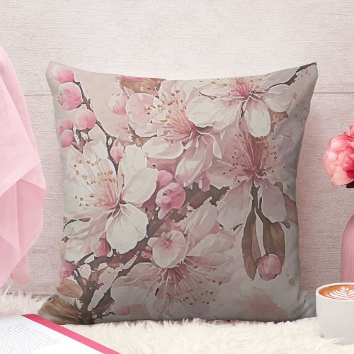 Sakura Cherry Blossom Pink and White Throw Pillow