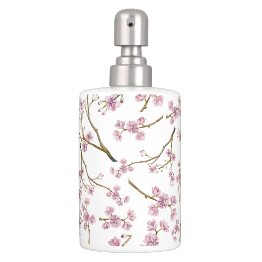 Sakura Cherry Blossom Print Soap Dispenser And Toothbrush Holder (Front)