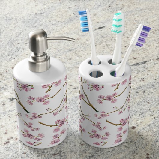 Sakura Cherry Blossom Print Soap Dispenser And Toothbrush Holder (Front)