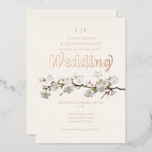 Sakura Cherry Blossom Rose Gold Elegant Wedding Foil Invitation