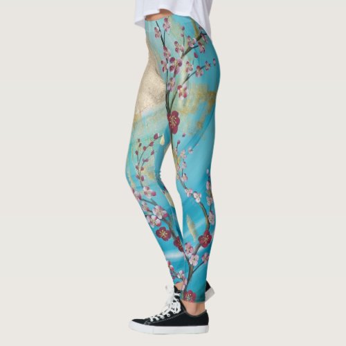 sakura cherry blossom sun blue japan painting yoga leggings