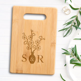 Sakura Cherry Blossom Vase Wedding Monogram Engraved Cutting Board