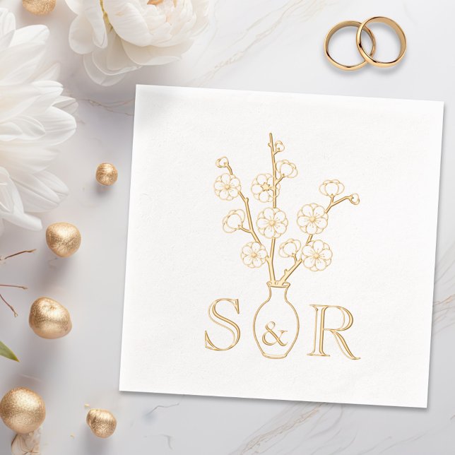 Sakura Cherry Blossom Vase Wedding Monogram Foil Napkins (Creator Uploaded)