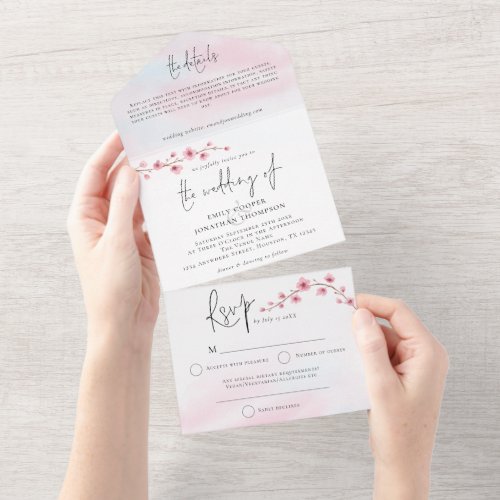 Sakura Cherry Blossom Watercolor Script Wedding All In One Invitation