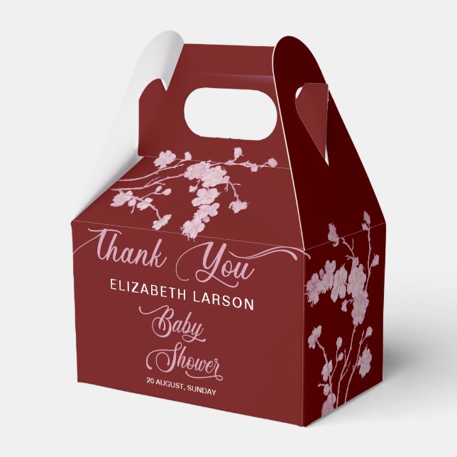 Sakura Cherry Blossoms Baby Shower Burgundy Favor Boxes (Front Side)