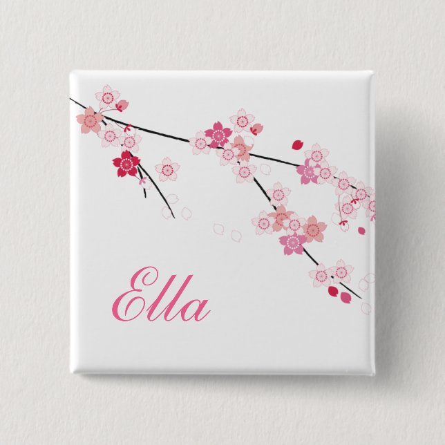 Sakura Cherry Blossoms Buttom with Custom Name Pinback Button (Front)