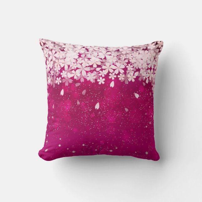 Sakura Cherry Blossoms Fuchsia & White Flowers Throw Pillow (Front)