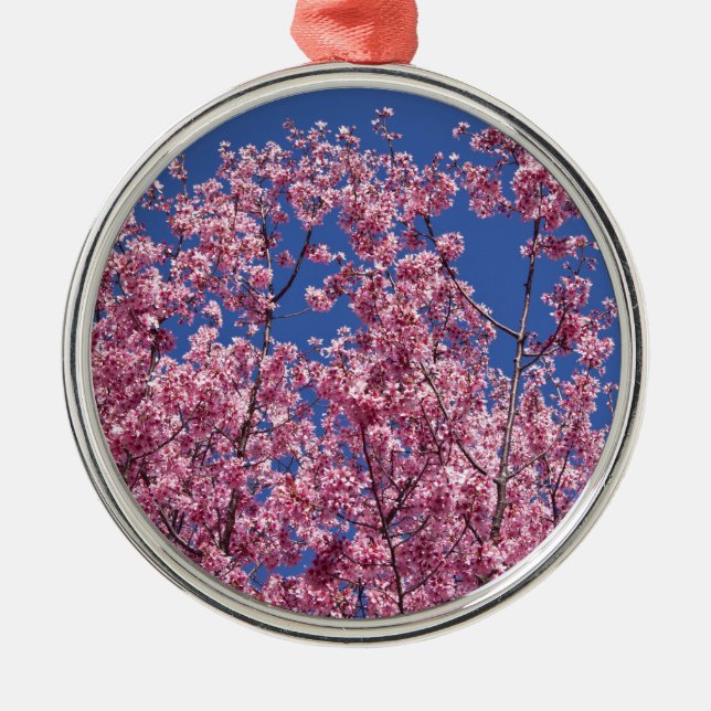 Sakura Cherry Blossoms Into The Blue Metal Ornament (Front)