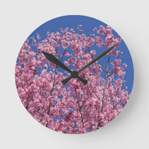 Sakura Cherry Blossoms Into The Blue Round Clock