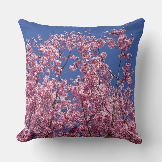 Sakura Cherry Blossoms Into The Blue Throw Pillow (Front)