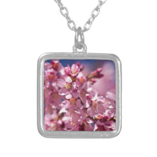 Necklace Sakura Cherry Blossom Pink on Black Japanese Motif 