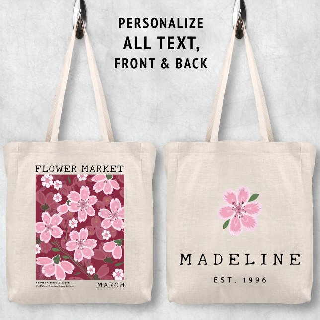 Sakura Cherry Blossoms March Birth Flower Market Tote Bag (Personalized March Birth Flower Market Tote Bag, Custom Name Bag, Bachelorette Bridesmaid Gifts )