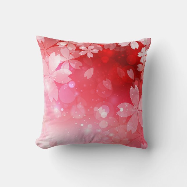 Sakura Cherry Blossoms Red Pink White Flowers Throw Pillow (Front)