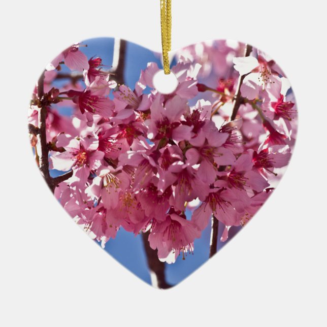 Sakura Cherry Blossoms Red Stars Ceramic Ornament (Front)