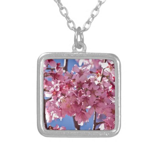 Sakura Cherry Blossoms Red Stars Silver Plated Necklace