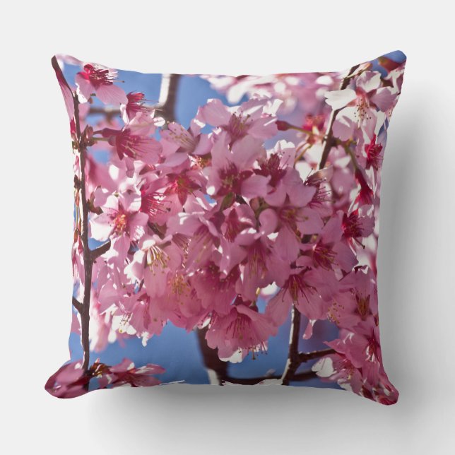 Sakura Cherry Blossoms Red Stars Throw Pillow (Front)